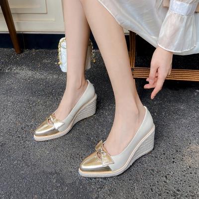 China 2023 Lightweight Hot Design Pointed Toe Wedge Lady Shoes Slip On Mixed Colors High Heels Women Pumps With Bowknot for sale