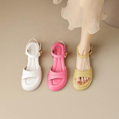 China Fashion Trend Summer New Arrival Custom Made PU Sole Around Toe Solid Color One Line Open Buckle Women Sandals Flat Shoes for sale