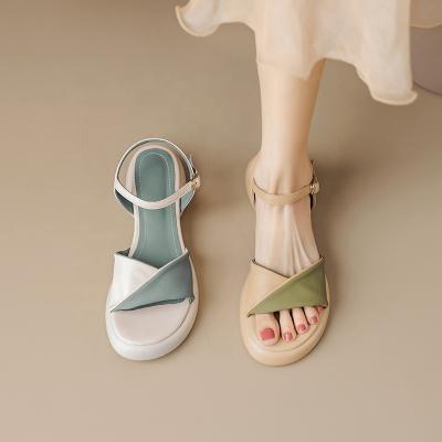 China Hot Selling Fashion Trend Summer Heels Ladies Flat Shoes Low Around The Toe Color Matching One Line Buckle Women Sandals for sale