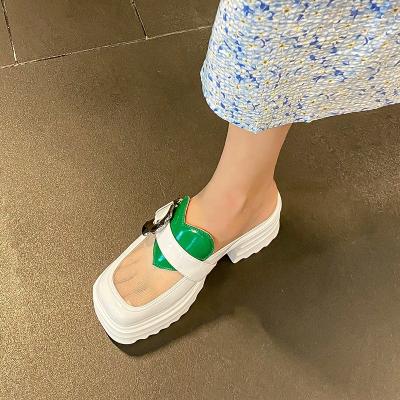 China Fashion Trend High Quality Female Shoes Adjust Toe Mesh Cloth Chunky Heels Green Heart Women Sandals Slipper With Metal Buckle for sale