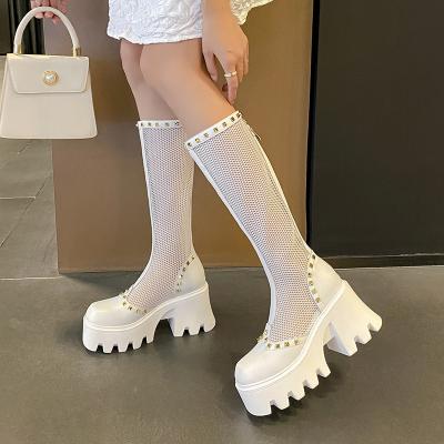 China Fashion Trend Luxury High End Round Toe Thick Soled Rivet Mid Heels Reticulation Zipper Women Knee Back Boots For Summer for sale