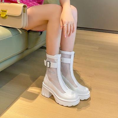 China Breathable Luxury Fashionable Round Toe Female Shoes With Buckle Mesh Cloth Square Heels Women Ankle Boots For Summer for sale