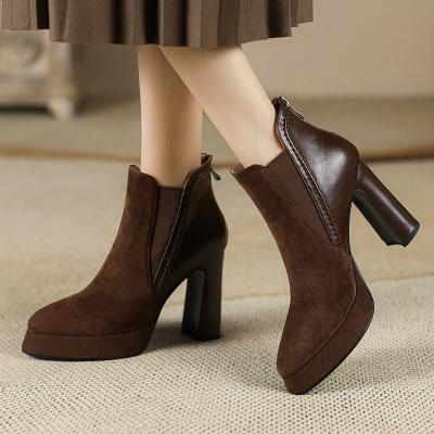 China Custom Made Thick High Heel Fashion Platform Women's Unique Waterproof Ankle Boots Front Zipper Pointed Toe 10cm for sale