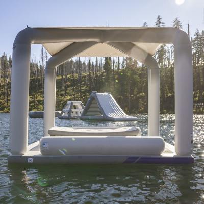 China Outdoor Water Fun Custom Design Inflatable Game Water Floating Dock Bar Deck Party Island Floating Bar With Tent For Adults for sale