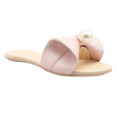 China Fashion Trend Pink Mules Slides Open Toe Bow Pearls Backless Flat Sandal Slippers For Women Shoes for sale