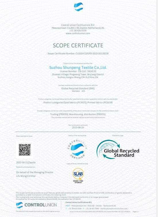 SCOPE CERTIFICATE - SUZHOU SHUNPENG TEXTILE CO.,LTD