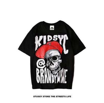 China Fashion Men's Round Neck Summer Loose Men's Skull Short Sleeve T-shirt QUICK-DRY Black Hong Kong Style T-shirt Loose Hip-Hop T-shirt for sale