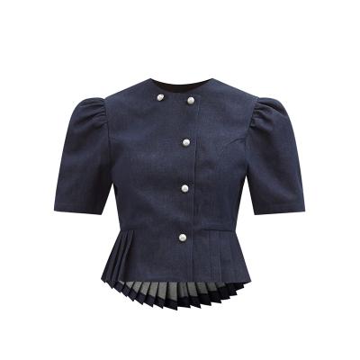 China DBL Edge Ladies Viable Short Sleeve Jacket Dark Blue Casual Pleated Girls' Motorcycle Denim Jacket for sale