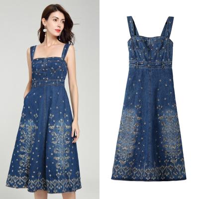 China Wholesale Customized Breathable Floral Embroidered High Quality Shoulderless Women Denim Dress for sale