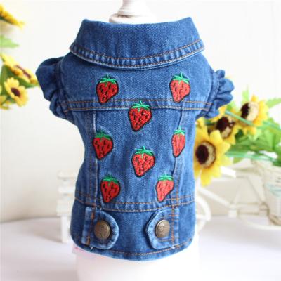 China Wholesale Viable Pet Clothing Pets Clothing Equipments Strawberry Embroidery Jean Denim Vest Jacket Clothes Blue For Dogs Cats for sale