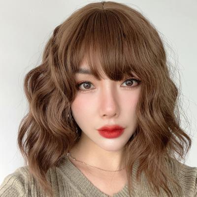 China French Curl European and American Women's Fashion Brown Bangs Curly Wig Factory Stock for sale