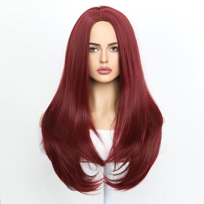 China Fashion straight popular wigs in Europe and America, wine red, slightly curled straight hair, cover high temperature silk main wig for sale