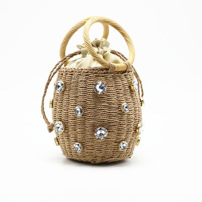 China Straw Bag Bucket Knitting Shoulder Straw Diamond Leisure Diamond Round Rattan Handmade Bag Summer Bohemian Cross - Body Bead Beach Bag for sale