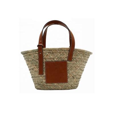 China Summer Handmade Natural Wholesale Fashion Women Tote Bag Leather Handle OEM Brown Straw Beach Bag for sale