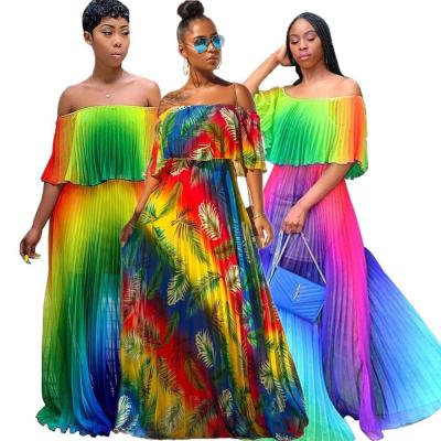 China Breathable Off The Shoulder Rainbow Color Elegant Women Dress A-Line Floor Length Femme Pleated Chiffon Summer Maxi Dress Floor Length Vestidos 2019 for sale