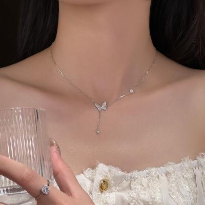 China Nickel-Free Lead-Free Luxury Fine Pearl Necklace Jewelry 925 sterling silver Diamond Butterfly Pendant Necklace For women for sale