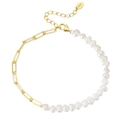 China TRENDY Fashion INS 925 Sterling Silver Natural Freshwater Pearl Paper Clip Pearl Vintage Chunky Link Chain Bracelet Women Gold Jewelry for sale