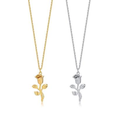 China Trendy French Vintage Stainless Steel Necklace Gold Plated Rose Flower Pendant Necklace For Women Girls for sale