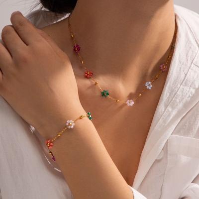 China Nickel-Free Lead-Free Fine Luxury Stainless Steel  Jewelry 18K gold plated  Bead Chain Colorful flower Bracelet Necklaces for sale