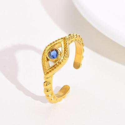 China Nickel-Free Lead-Free Fashion Cubic Zircon Blue Eye Open stainless steel rings with 18k Plated gold jewelry rings for sale