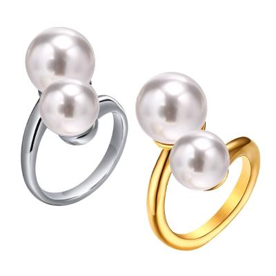 China Nickel-Free Lead-Free trendy Romantic jewelry Adjustable Stainless Steel double pearl finger rings for girls for sale