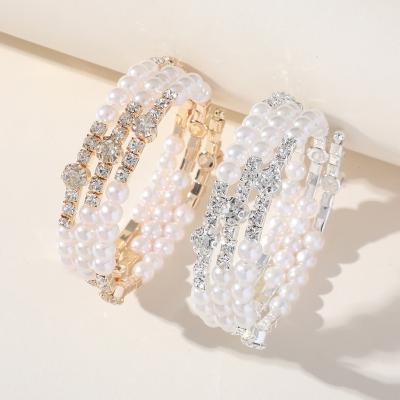 China Bridal Wedding Jewelry Multilayer Crystal Diamond Bangles Designer Cuff Bangle Luxury Rhinestone Pearl FASHION Bangle for sale