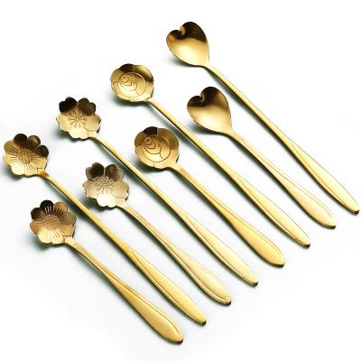 China Viable Creative Golden Stainless Steel Dessert Spoon Ice Cream Spoon Flower Spoon Coffee for sale