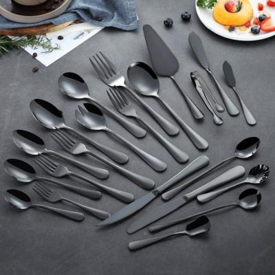 China Viable PVD Black Titanium Stainless Steel Cutlery Flatware Set Shiny Black Knife Spoon And Fork for sale