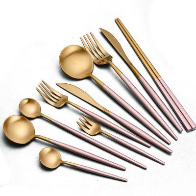 China Viable Gold Stainless Steel Flat Bulk Dinnerware With Pink Handle Chopsticks Knife Spoon And Fork Wedding for sale