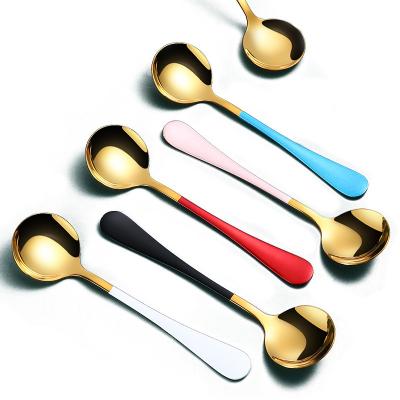 China Viable Hot Selling Colorful Gold Stainless Steel Spoon Cheap Round Dessert Spoons for sale