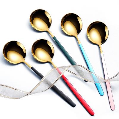 China Viable Hot Selling Dinner Spoon Dessert Spoons Colorful Stainless Steel Long Handle Round Spoon for sale