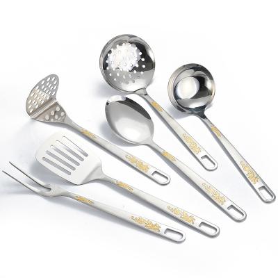 China 6 Pieces Kitchen Utensils Set Stainless Steel Kitchen Tool Sets Gold Portugal Pattern Handle Cooking Tableware Set for sale