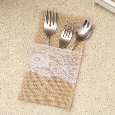 China Vintage 1PCS Hessian Burlap Hessian Pocket Lace Linen Cutlery Folding Rustic Wedding Decoration Party Party Birthday Tableware Holder Bag for sale