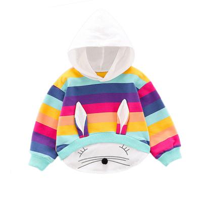 China 2020 Autumn New Children's Hooded Tops Cartoon Breathable Rabbit Baby Sweater Rainbow Stripe Girls Clothing for sale