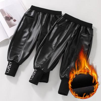 China 2021 Winter New Children's Waterproof Girls' Leather Pants Thickened Fleece-lined Thickened Leisure Moisture Belt Cotton Warm Pants for sale