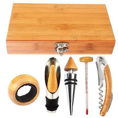 China Home Bamboo 5 Piece Accessories Gift Wine Box Set Wine Opener Set For Birthday Wedding Christmas for sale