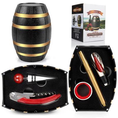 China Beverage factory directly sale drinking wine barrel shaped corkscrew sets with 5 kits in gift box for sale