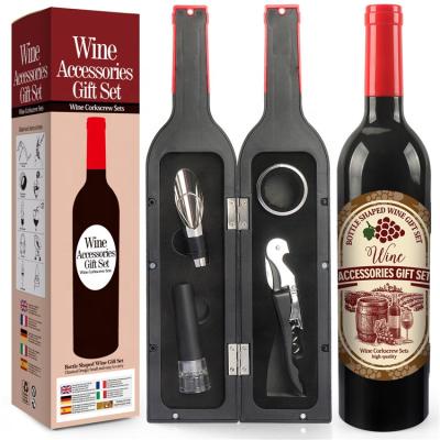 China Viable Wholesale Bottle Shaped 5 Pieces Gift Set Opener Stainless Steel Wine Set Gift Accessories Wine for sale