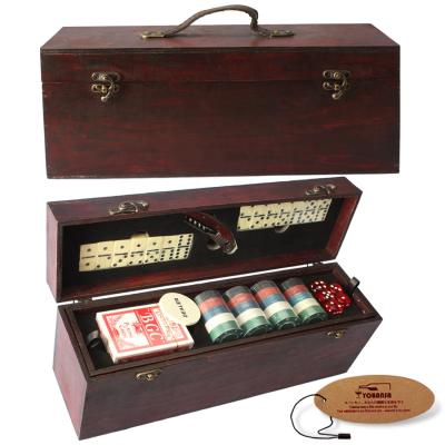 China Europe Design New Antique Wooden Wine Bottle Box Wine Storage Box with Chips and Dice Game Set for sale