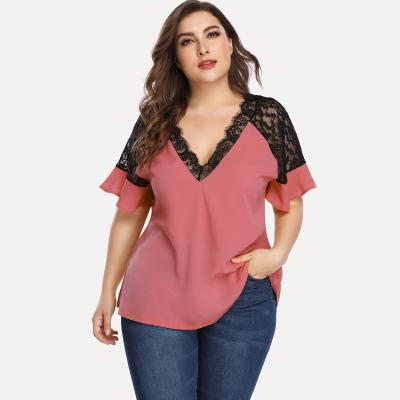 China European and American anti-wrinkle plus size women's contrast color lace stitching V-neck top T-shirt for sale