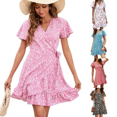 China 2022 Wholesale Anti-wrinkle spring floral ruffle lace up short sheath chiffon dress high waist short dress for sale