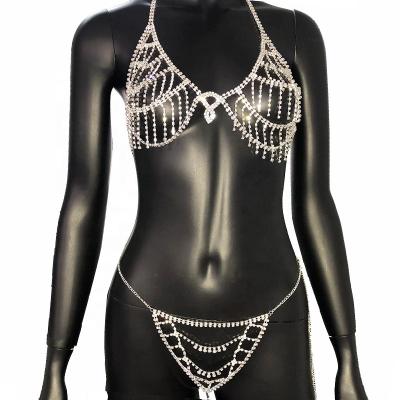 China SHIHAN 2022 NEW FASHIONABLE Silver Rhinestone Lingerie Bra Strap Set For Women Sexy Crystal Bralette Panties Body Chain Jewelry for sale