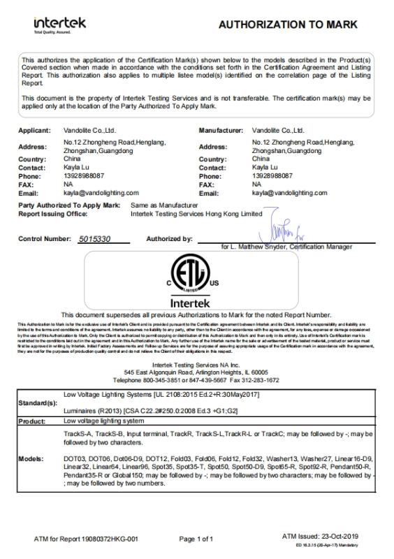 ETL - Zhongshan Fandu Lighting Technology Co., Ltd.