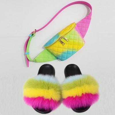 China Fashion Trend New Style Women Fashion Fluffy Fur Slides Matching Jelly Purses Set Rainbow Bag And Shoe Set For Women for sale