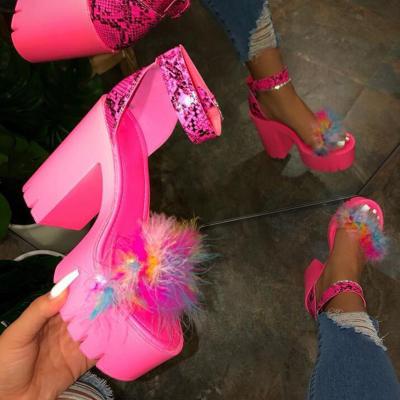 China Fashion Trend Wholesale Price Women Faux Fur High Heel Shoes Fashion Design Ladies Open Toe Chunky Heel Platform Sandals for sale