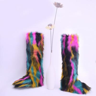 China Wholesale Round Winter Warm Fur Boots Long Faux Fur Colorful Fluffy Hairy Boot Women Long Fashion Boots for sale