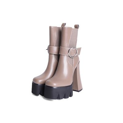 China Dropshipping Waterproof Khaki Boot Shoes Front Sole Platform Women Ankle Boots Black Genuine Leather Boots Women Shoes Leather for sale