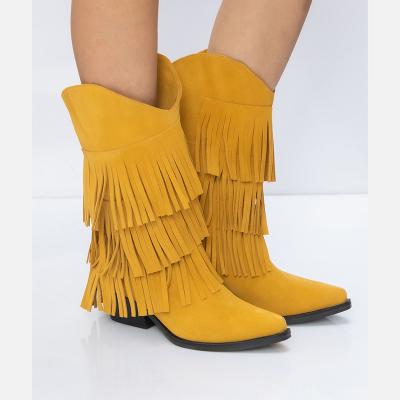 China Design Waterproof Ladies Fashion Low Heel Cowgirl Boots Women Yellow Botas De Suede Leather Tassel Half Boots for sale