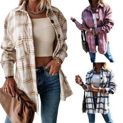 China Breathable Fashion Casual Lapel Button Down Long Coat Women Plaid Jacket Winter Top Jackets For Women 2021 for sale