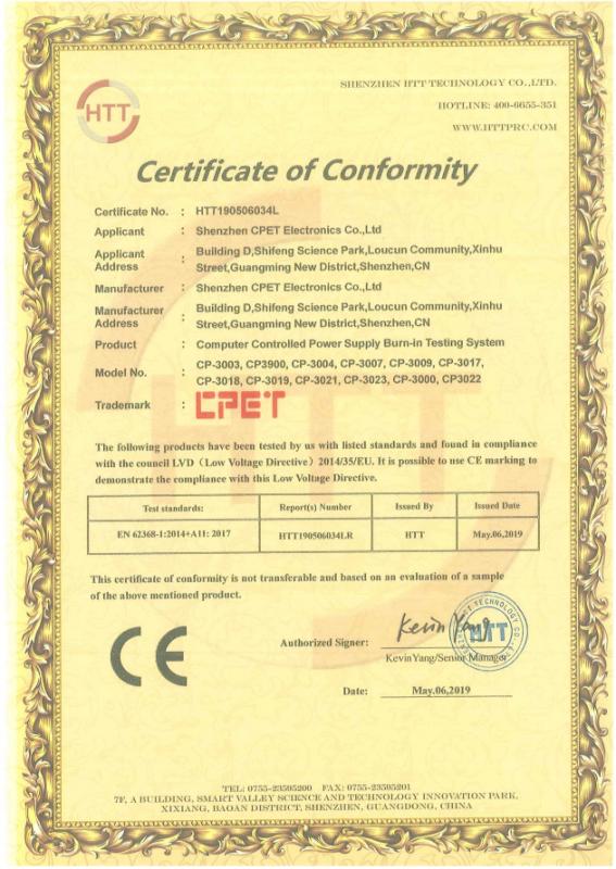 Certificate of Conformity - Shenzhen CPET Electronics Co., Ltd.